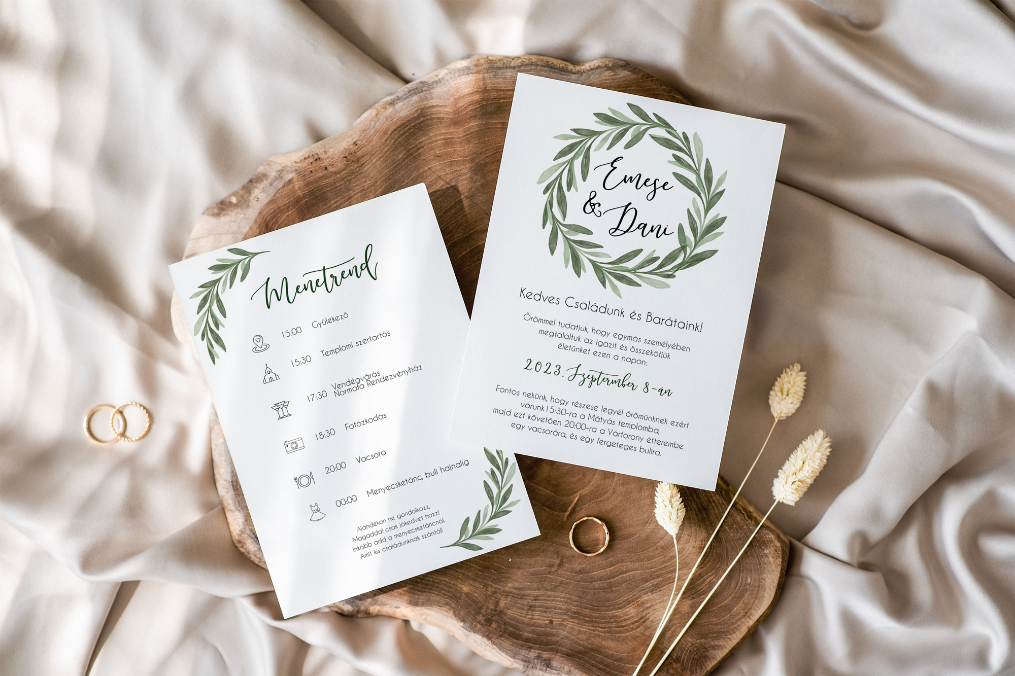 olíva koszorús esküvői meghívó, greenery esküvői meghívóként is szokták nevezni